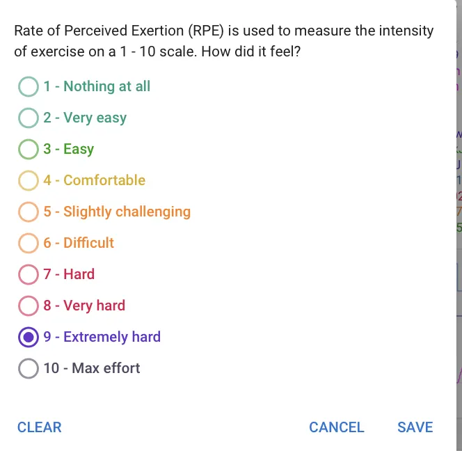 Skala RPE od 1 (nothing at all) do 10 (max effort) z zaznaczoną oceną 9 – extremely hard