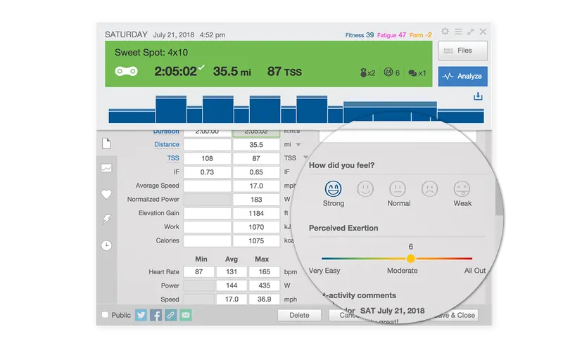 Okno podsumowania treningu w TrainingPeaks z oceną samopoczucia i suwakiem odczuwanego wysiłku (RPE)